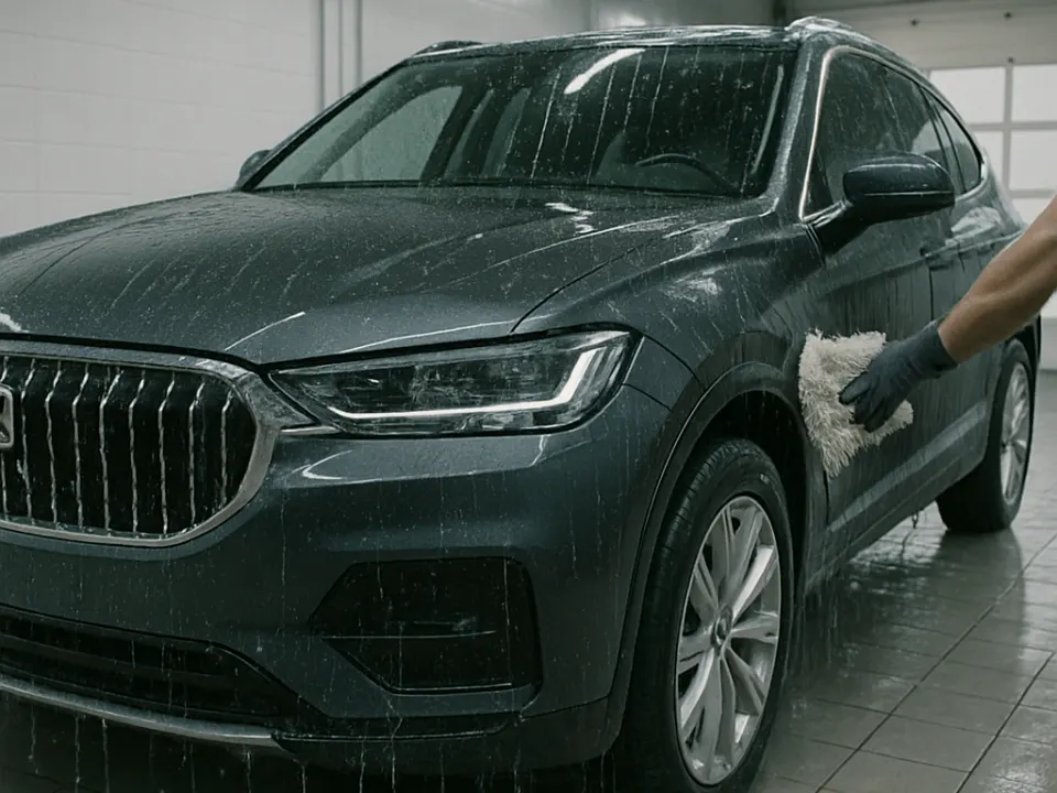 Lavado exterior de un coche con agua a presión
